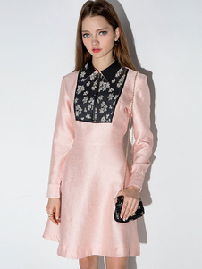 Robe skater en polyester rose color-block avec fleur col à revers