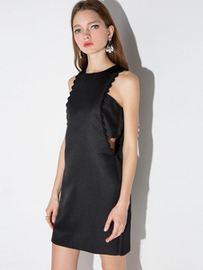 Mini robe en polyester noir unicolore froissé avec zip col rond