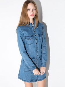 Robe droite en polyester bleu unicolore avec bouton col à revers