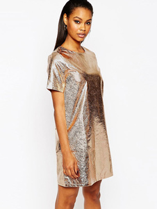 Robe droite en polyester or unicolore surdimensionné col rond