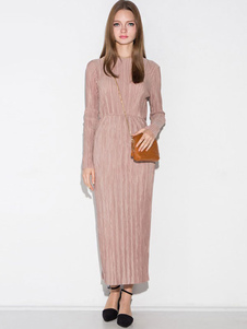 Robe longue rose en polyester unicolore fendu col rond