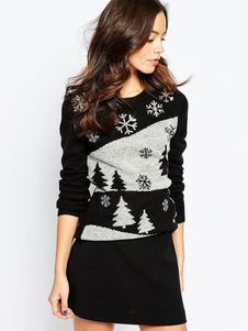 Populaire robe pull noire jacquard col rond de fête