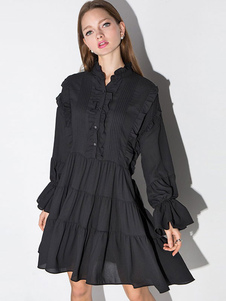 Robe skater en polyester noir unicolore avec plissement col Peter Pan