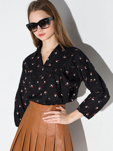 Blouse femme en polyester noir impression imprimé fleuri