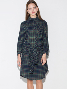 Robe droite en polyester multicolore écossais avec noeud et bouton col à revers