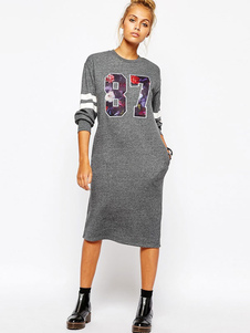 Robe droite en polyester gris avec rayure surdimensionné imprimé fleuri col rond