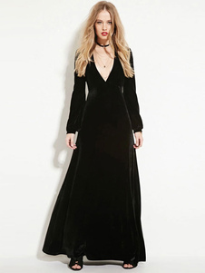 Robe longue noir en polyester unicolore col V