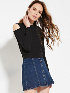 Sweater de sport en polyester noir unicolore avec tricot col ras du cou