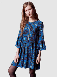 Robe droite en polyester multicolore imprimé fleuri avec fleur col rond