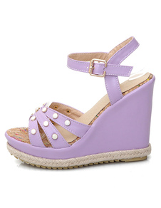 Sandales compensées ruban aux chevilles en PU avec perles
