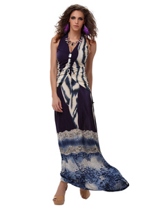 Robe longue bleu unicolore avec noeud creusé col V