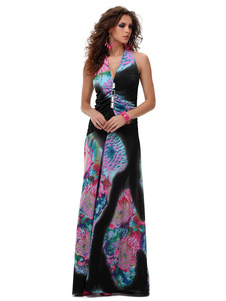 Robe longue noir unicolore avec noeud et zip col V