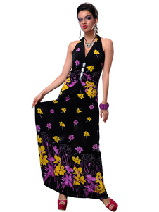 Robe longue noir unicolore avec noeud et rivet col V