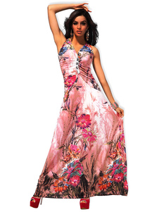 Robe longue rouge unicolore avec noeud creusé col V