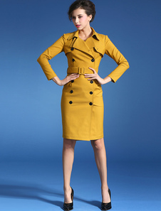 Robe jaune double-breasted Brocade pour femmes