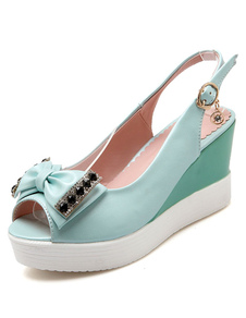 Vert clair boucles Peep Toe PU sandales compensées pour femmes