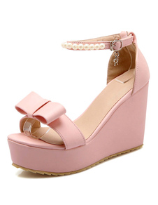 Rose boucles perles PU Wedge sandales pour femmes
