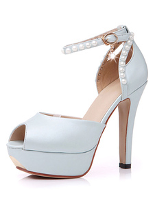 Perles bleu clair Peep Toe plate-forme PU robe sandales pour femmes