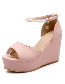 Perles roses Peep Toe PU Wedge Sandals pour femme