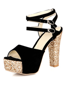 Paillettes noir & or Peep Toe plateforme sandales en daim Monogram pour femmes