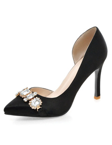 Cristal noir Pointed Toe Pumps de mariée Satin pour femmes