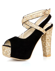 Paillettes noir & or Peep Toe plate-forme Micro Suede sandales pour femmes