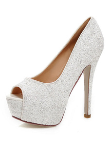Glitter blanc plate-forme Peep Toe talons soirées & mariées pour les femmes