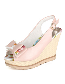 Rose boucles Peep Toe PU sandales compensées pour femmes