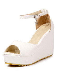 Blanc de Peep Toe PU sandales compensées pour femmes