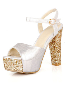 Paillettes argent & or Peep Toe plate-forme PU sandales pour femmes