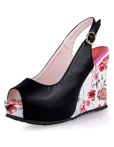 Multicolor impression Peep Toe plate-forme PU Wedge Sandals