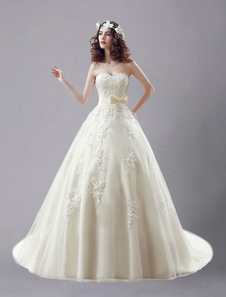 Champagne mariage robe bustier brodé Bow lacez vers le haut de robe de mariée