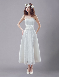 Fleurs de blanc Sash de strass bretelles thé longueur robe de mariage robe de mariée