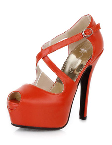Orange s'entrecroisent Peep Toe plate-forme PU sandales pour femmes