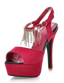 Strass rouge Peep Toe plate-forme Micro Suede sandales pour femmes