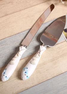 Bleu & blanc gaufré pelle et couteau à gâteau de mariage