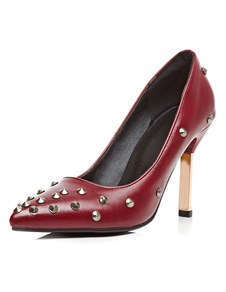 Bourgogne Rivets PU a souligné Toe talons pour femmes