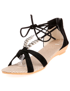 Black Beaded Lace Up PU sandales plates pour femmes