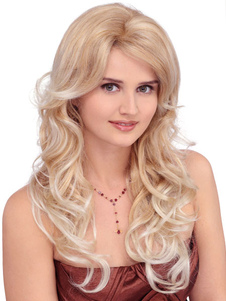 Or fibre ondulé tendance longue perruque pour femmes