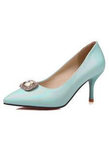 Strass bleus clair PU Pointed Toe Pumps pour femmes