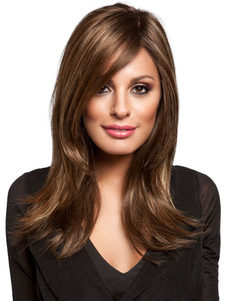 Brown incliné frange droite fibre longue perruque pour femme