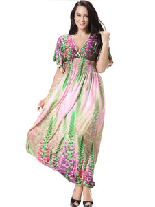 Lait de Deep-V impression multicolore soie robe Maxi pour les femmes