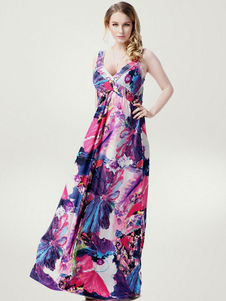 Sangles impression multicolore lait V profond robe de soie Maxi pour les femmes