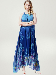 Maxi robe bleu épaule impression de froid pour les femmes