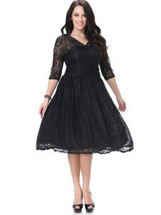 Robe en dentelle noire volants Flare semi Sheer pour femmes