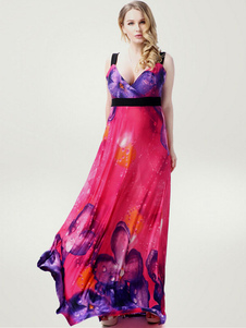 Sangles impression multicolore lait Sexy robe de soie Maxi femmes