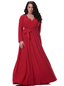 Écharpe rouge profond-V ruché coton lin Maxi robe pour femmes