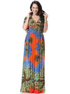 Multicolore imprimé élégant Deep-V lait de soie robe Maxi pour les femmes