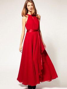 Red Cold-Shoulder Sash en mousseline de soie robe Maxi pour les femmes