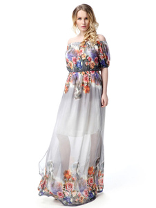 Multicolor Off-the-Shoulder impression mousseline Maxi robe à fleurs pour les femmes